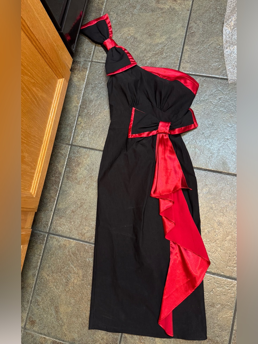 Stop Staring Black One-Shoulder Sheath Dress with Red Trim & Ruffle S